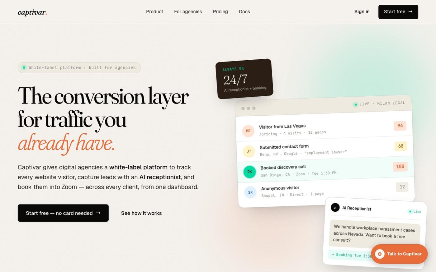 White-Label Analytics + AI Receptionist for Agencies | Captivar — screenshot
