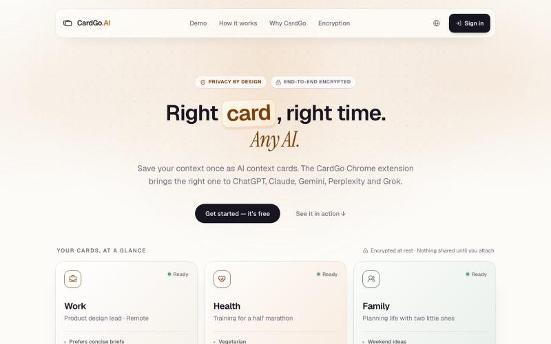 AI context cards for ChatGPT, Claude, Gemini, Perplexity & Grok — CardGo.AI — screenshot