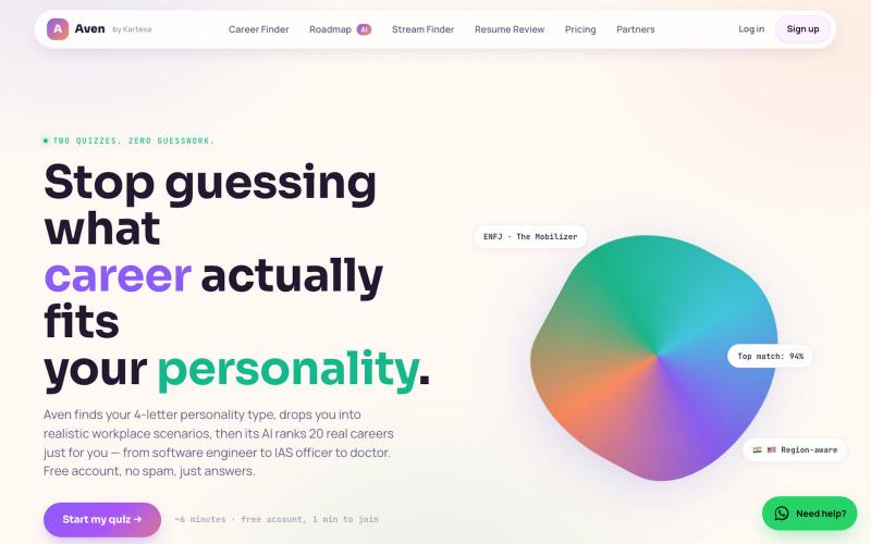 Free Personality Test & Career Finder — Discover Your Ideal Career | Aven Academ — screenshot