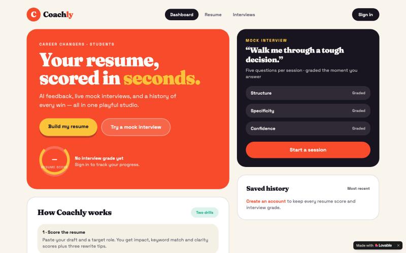 Coachly — AI resume scoring and mock interviews — screenshot