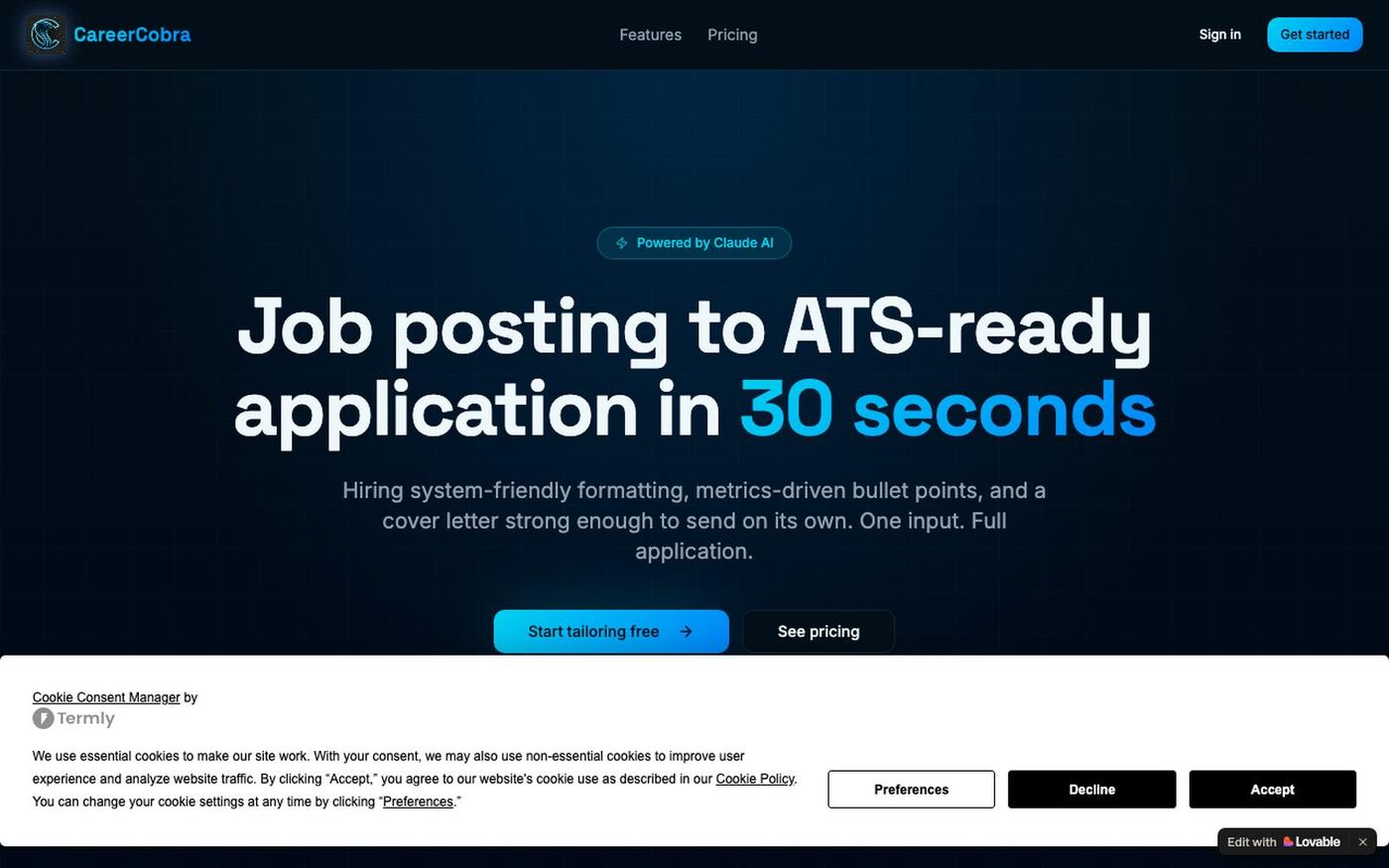 CareerCobra — AI Resume Tailoring & Cover Letters — screenshot