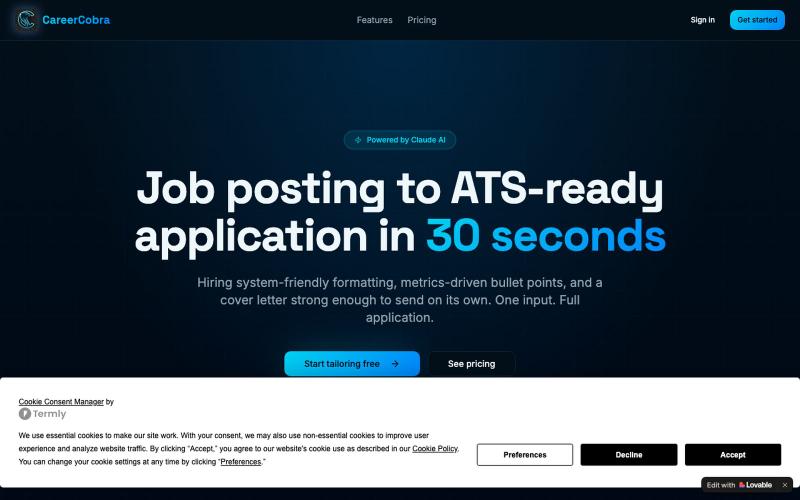 CareerCobra — AI Resume Tailoring & Cover Letters — screenshot
