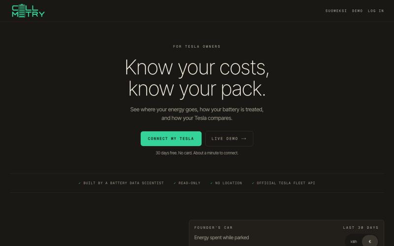 Cellmetry · Tesla battery health & energy analytics — screenshot