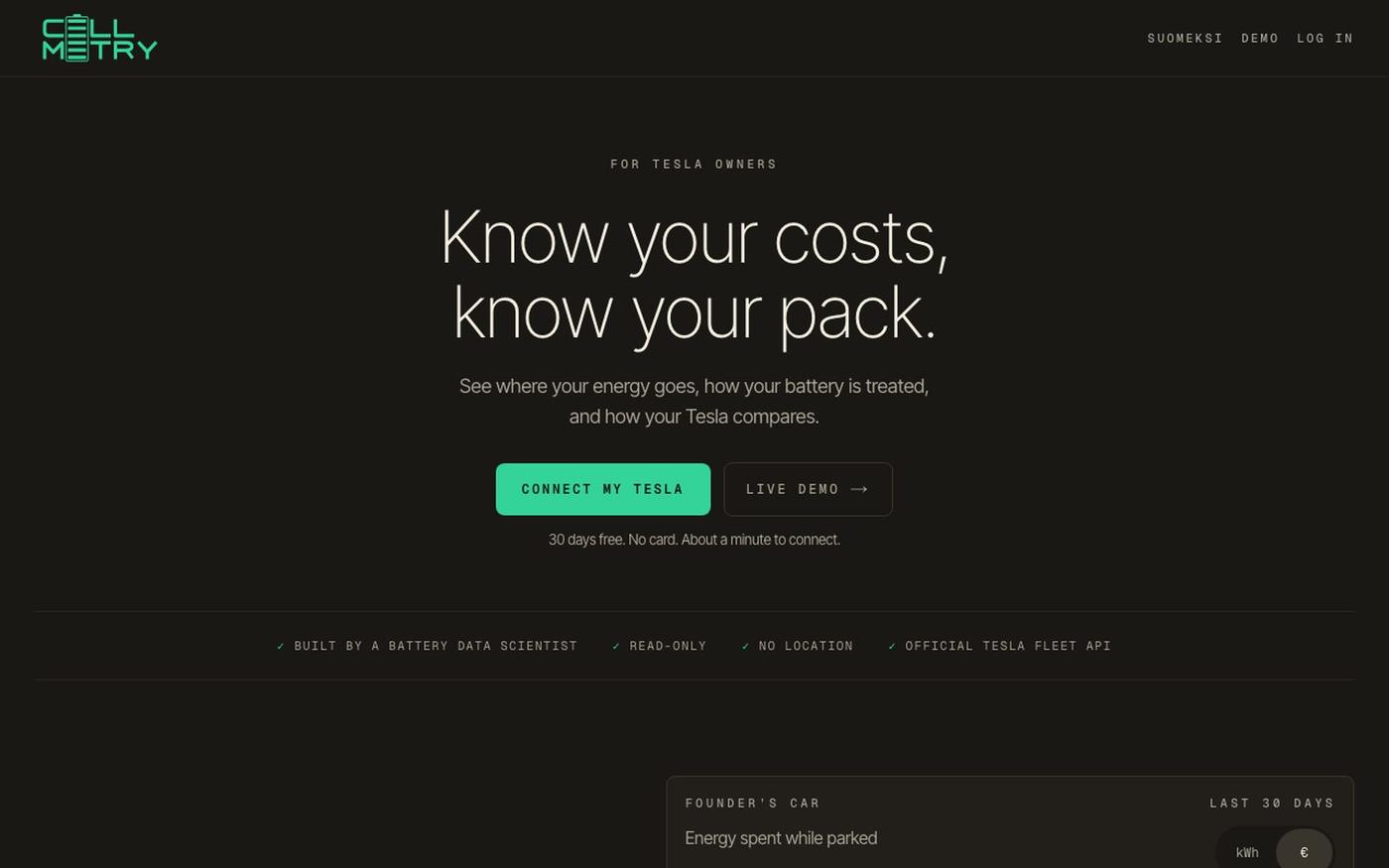 Cellmetry · Tesla battery health & energy analytics — screenshot
