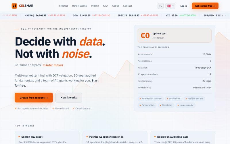 Celsmar — Stock analysis terminal with DCF, fundamentals and AI — screenshot