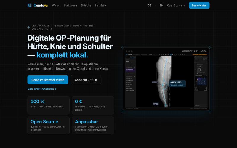 Cendova — Digitale OP-Planung für Hüfte, Knie und Schulter, komplett lokal — screenshot