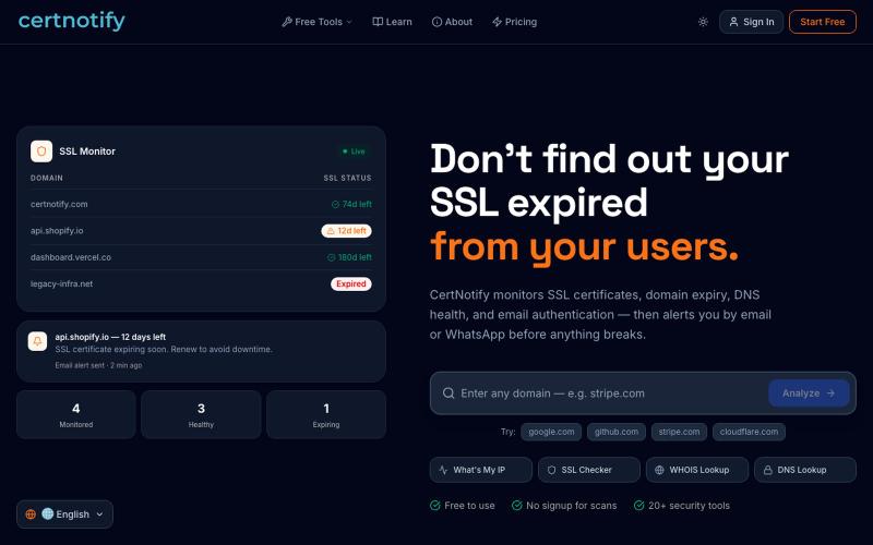 Free SSL Certificate Checker & Domain Expiry Security Monitor | CertNotify — screenshot