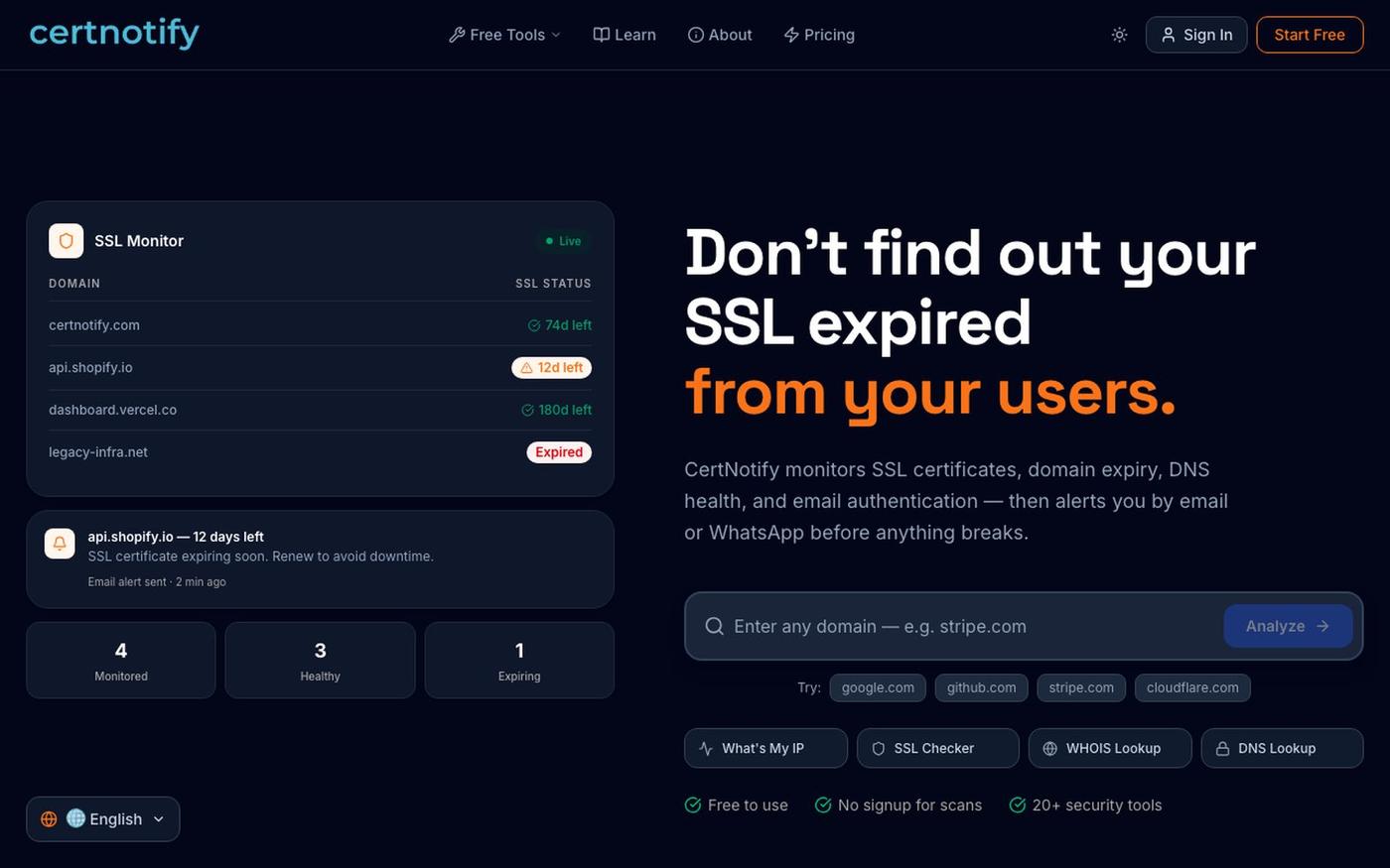 Free SSL Certificate Checker & Domain Expiry Security Monitor | CertNotify — screenshot