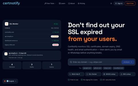 Free SSL Certificate Checker & Domain Expiry Security Monitor | CertNotify — screenshot