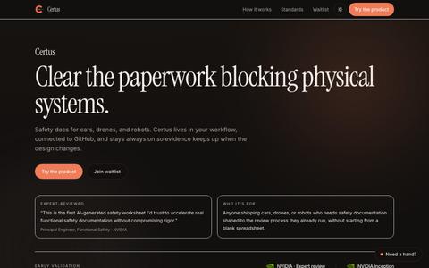 Certus · Safety docs for physical systems — screenshot