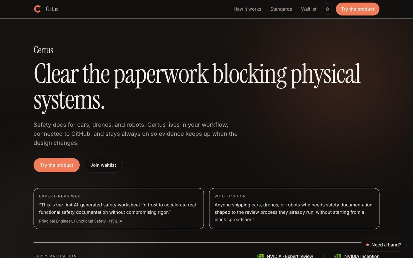 Certus · Safety docs for physical systems — screenshot