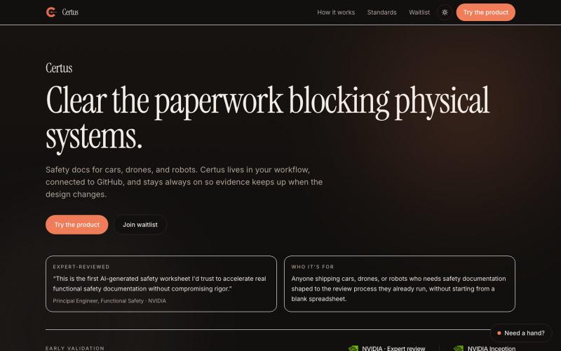 Certus · Safety docs for physical systems — screenshot