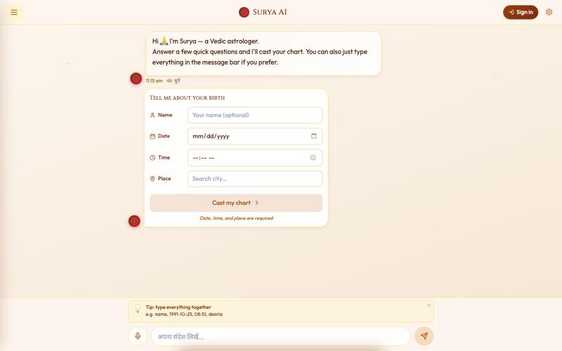 Surya AI · Vedic Astrology AI — screenshot