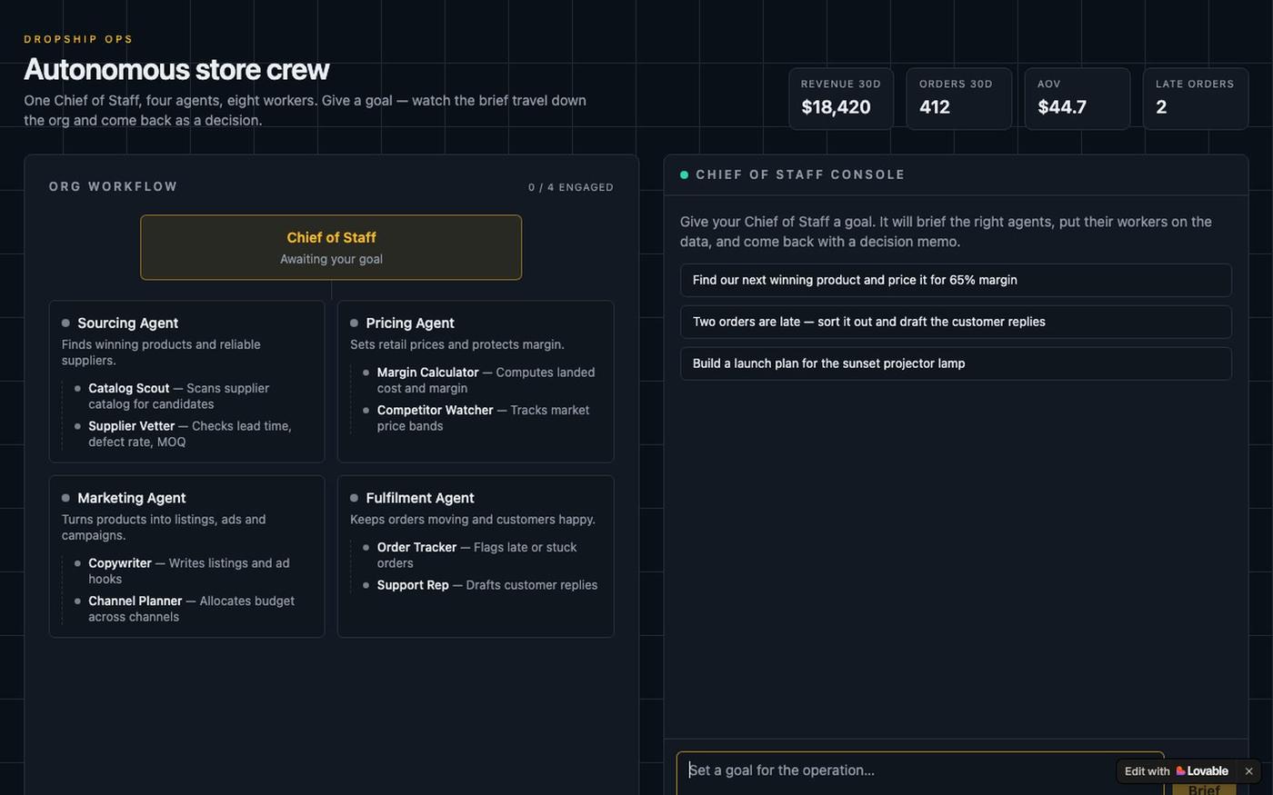 Dropship Ops — AI Chief of Staff, agents & workers — screenshot