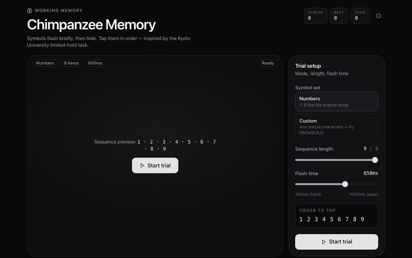 Chimpanzee Memory — Working Memory Challenge — screenshot