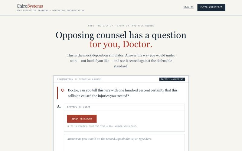 ChiroSystems — Mock Deposition Simulator for Chiropractors — screenshot