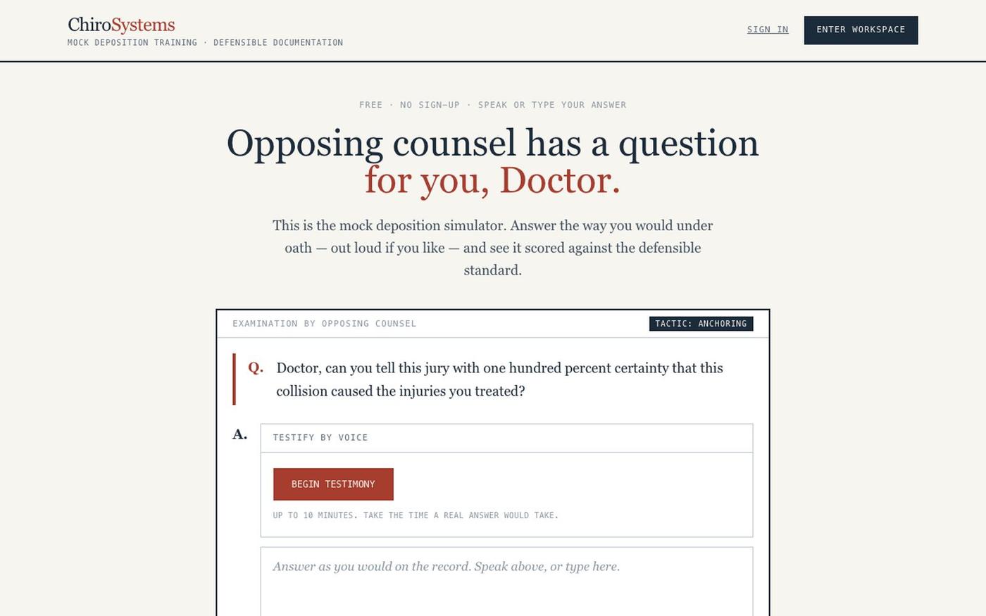 ChiroSystems — Mock Deposition Simulator for Chiropractors — screenshot