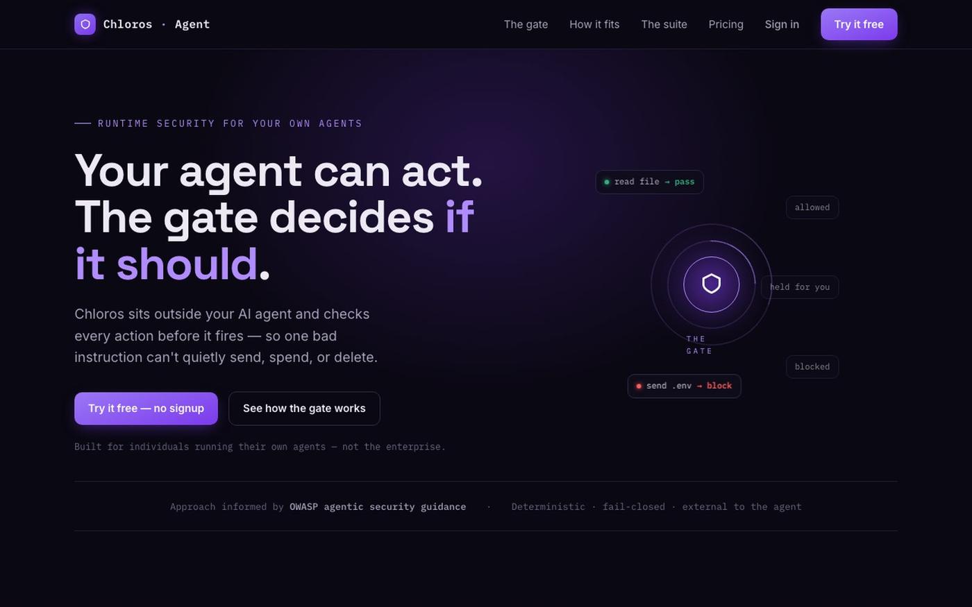 Chloros — the runtime gate for your own AI agents — screenshot