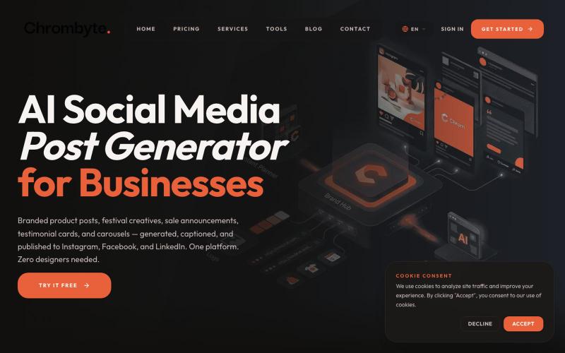 AI Social Media Post Generator - Plan, Design, Write & Publish | Chrombyte — screenshot