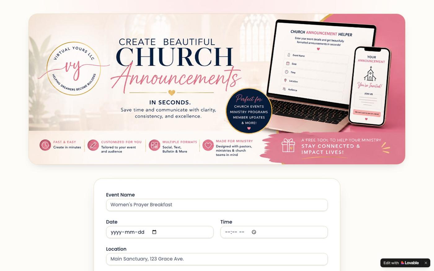 Church Announcement Generator | Create in Seconds — screenshot