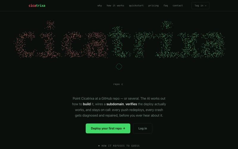 Cicatrixa — push a repo, get a healed, hosted app — screenshot