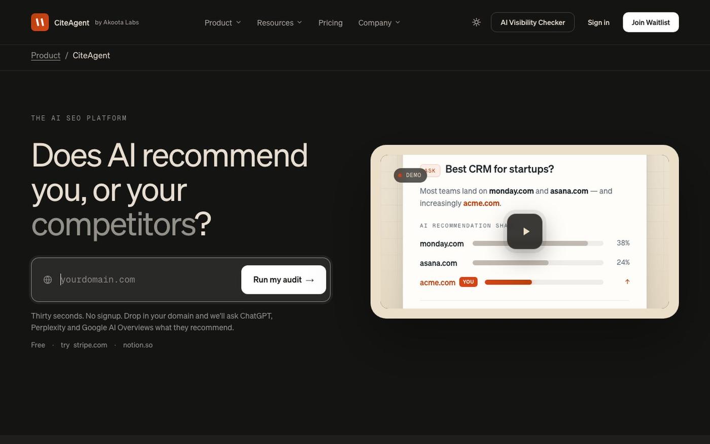 CiteAgent — The AI SEO Platform (AEO + SEO) — screenshot