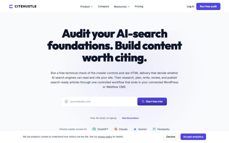Cite Hustle · Audit AI-search foundations and publish better answers — screenshot
