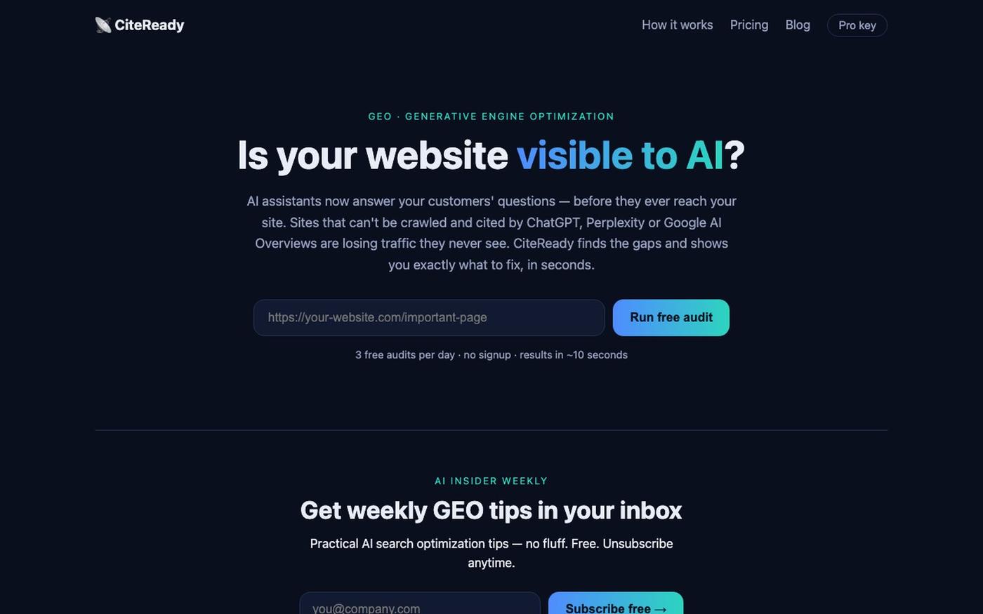 CiteReady — Free AI Search Readiness Audit (GEO Tool) — screenshot