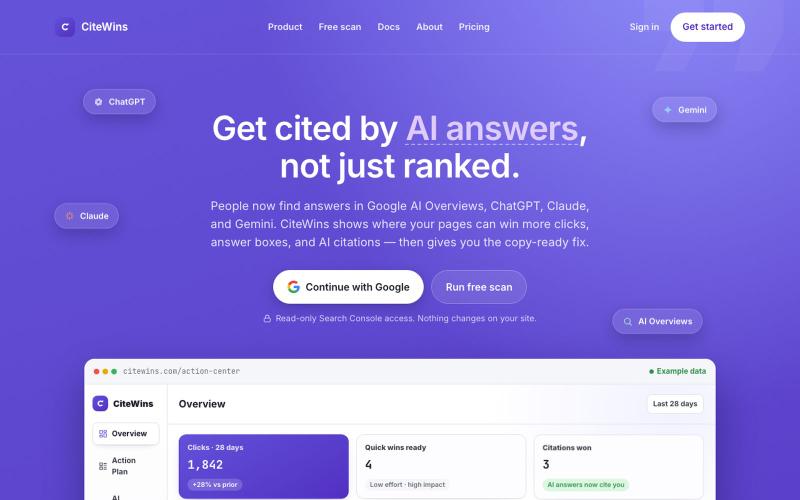 CiteWins — SEO Quick Wins, AEO & GEO From Search Console — screenshot