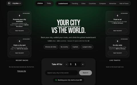 CityWar.lol — Back Your City on the Global Leaderboard — screenshot