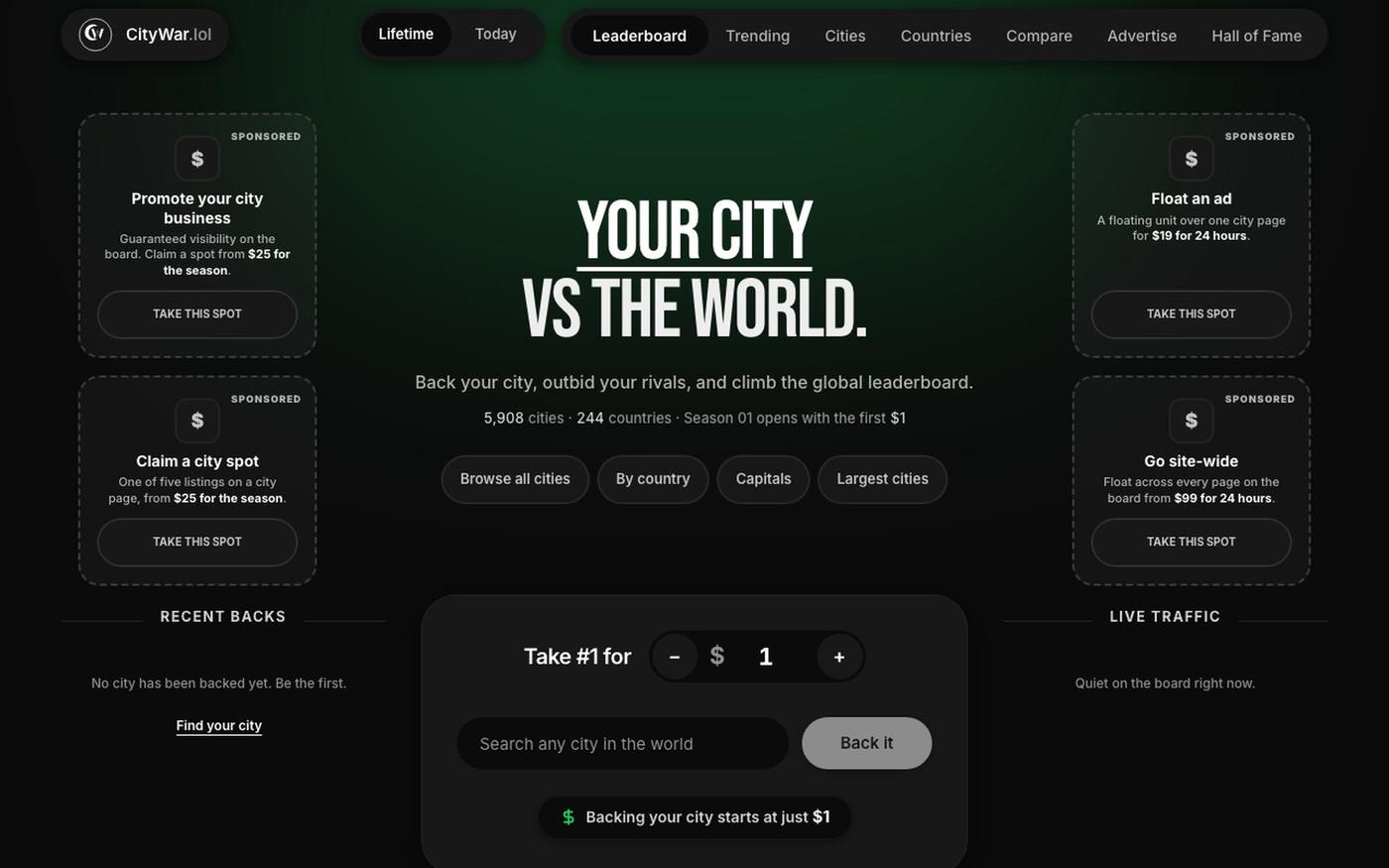 CityWar.lol — Back Your City on the Global Leaderboard — screenshot