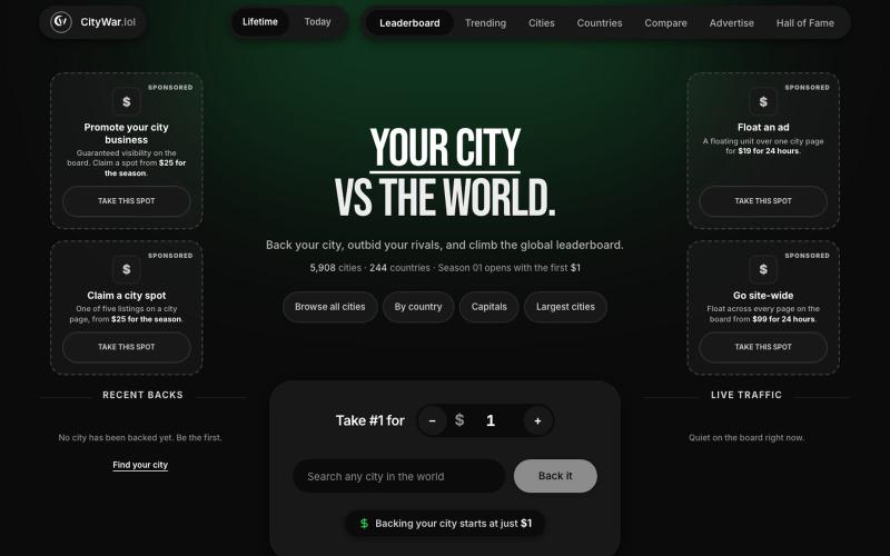 CityWar.lol — Back Your City on the Global Leaderboard — screenshot