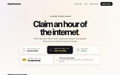 ClaimTheHour — Claim an Hour of the Internet for $1 — screenshot