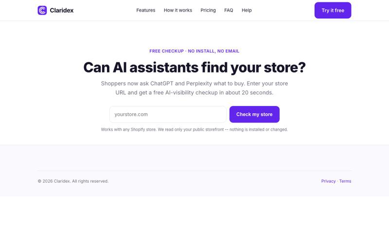 Free Shopify AI Visibility Checkup | Claridex — screenshot