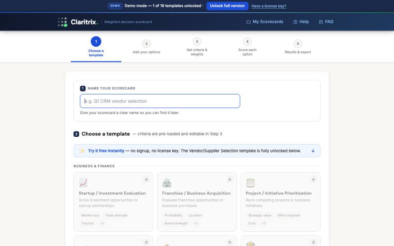 Claritrix — Weighted Decision Scorecards for B2B Teams — screenshot