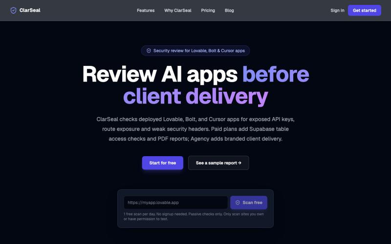 Security Scanner for AI-Built Apps | ClarSeal — screenshot