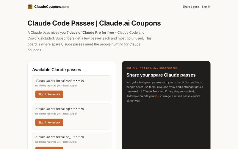 Claude Code Passes | Claude Coupons — screenshot