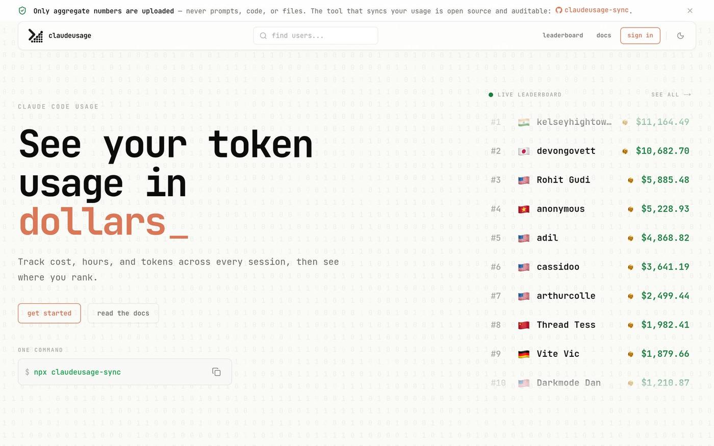 claudeusage — Claude Code usage tracker & public leaderboard — screenshot