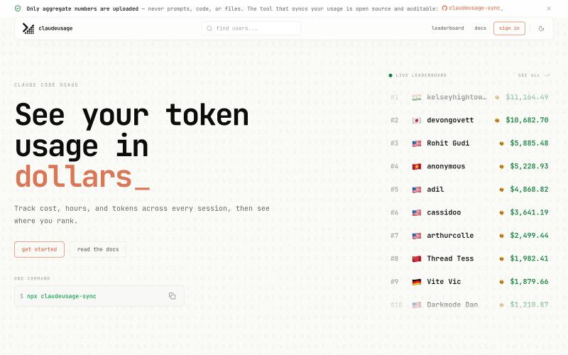 claudeusage — Claude Code usage tracker & public leaderboard — screenshot