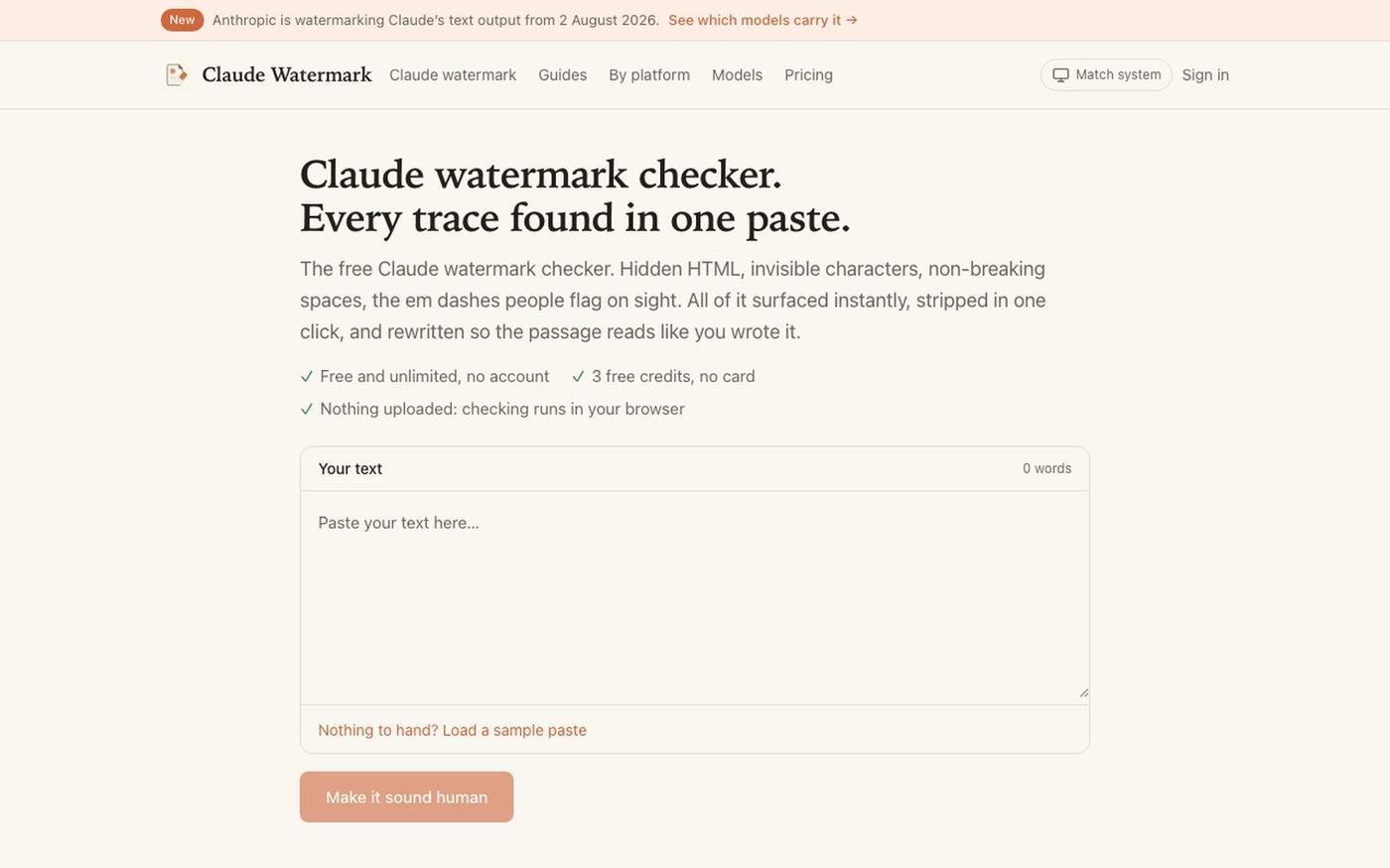 Claude watermark checker — find every trace in one paste — screenshot