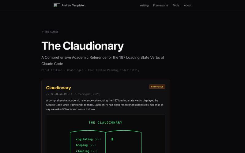 The Claudionary | A Definitive Guide to Claude Code Spinner Verbs | Andrew Templ — screenshot