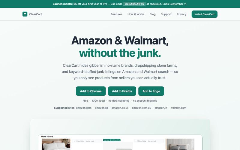 ClearCart — Hide Junk Listings on Amazon & Walmart | Chrome, Firefox & Edge Exte — screenshot