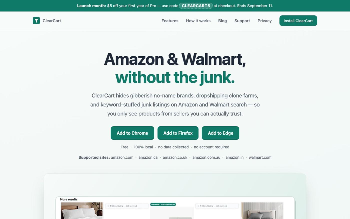 ClearCart — Hide Junk Listings on Amazon & Walmart | Chrome, Firefox & Edge Exte — screenshot