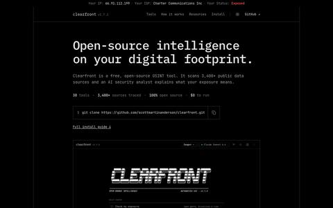 Clearfront OSINT · Open-source intelligence on your digital footprint — screenshot