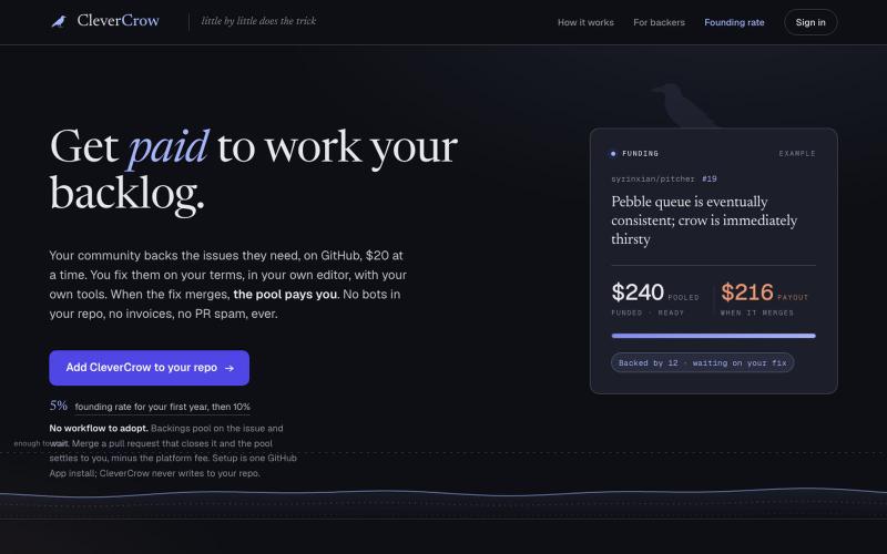 CleverCrow · Get paid to work your backlog. — screenshot