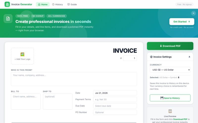 Free Invoice Generator — Create Professional PDF Invoices Online — screenshot