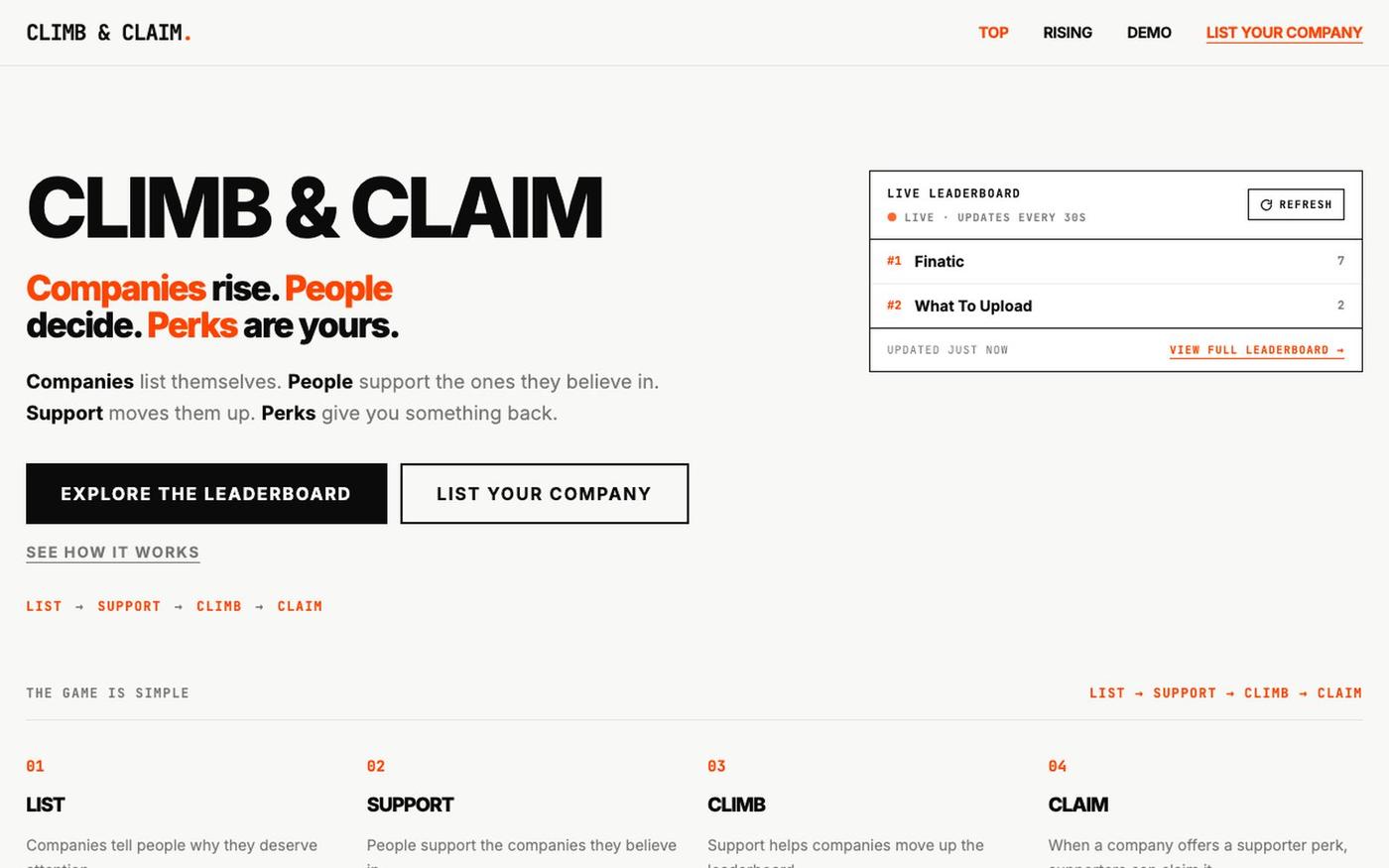 Climb & Claim — Companies Climb. People Decide. Perks Get Claimed. — screenshot