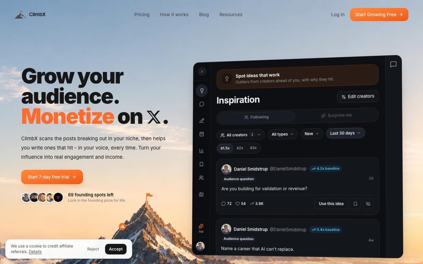 ClimbX - AI Tool to Grow Your Audience and Monetize on X — screenshot