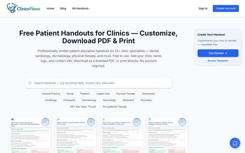 Free Patient Education Handouts for Clinics — Download as PDF | ClinicsFlows — screenshot