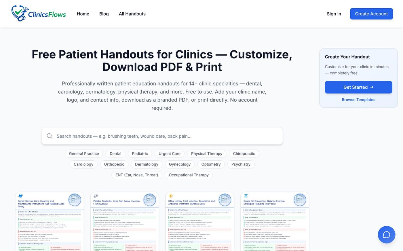 Free Patient Education Handouts for Clinics — Download as PDF | ClinicsFlows — screenshot